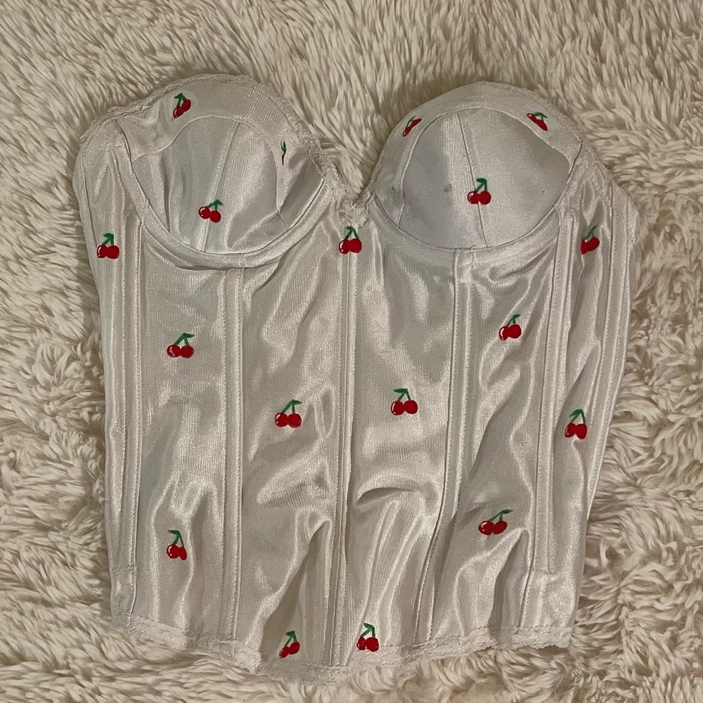 white corset top w red cherries + lace detail